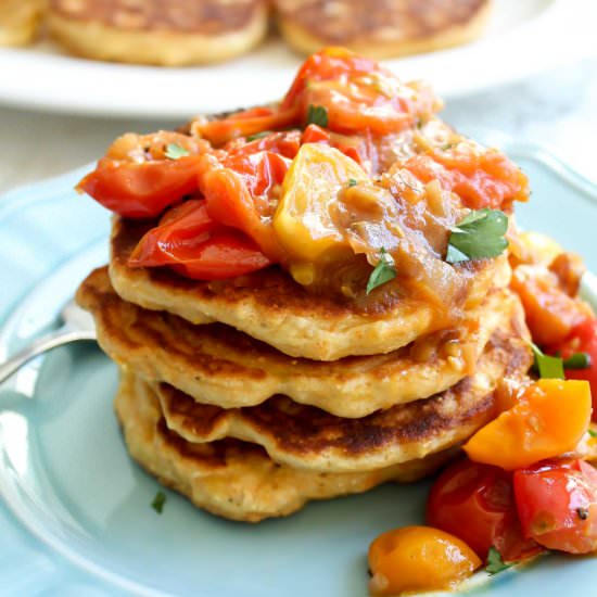 Fresh Corn Cakes w Tomatoes - Recipe photo by katiebirdbakes
