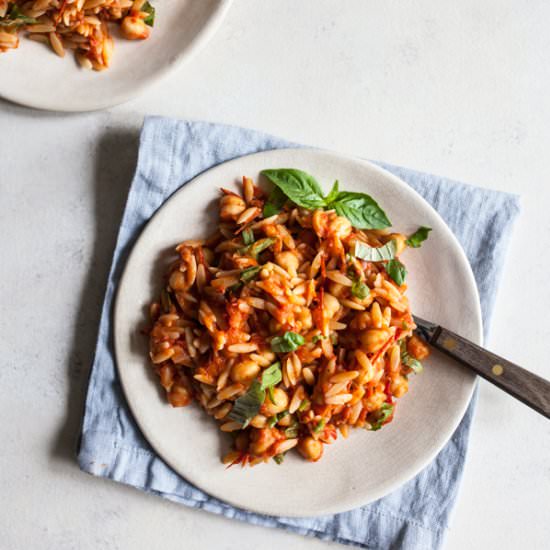 Chickpea Orzo with Tomato Sauce - Recipe photo by thefullhelping