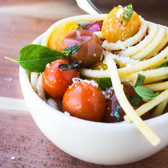 Bucatini with Burst Tomatoes - Recipe photo by theviewfromgreatisland