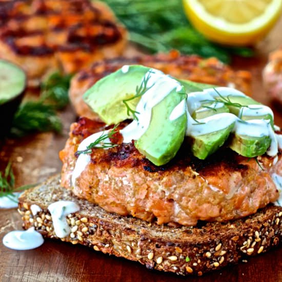 Salmon Burgers w/ Dill Yogurt Sauce - Recipe photo by The Foodie Physician