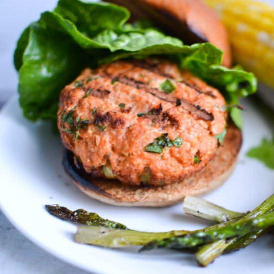 Harissa Spiced Salmon Burgers - Recipe photo by One Hungry Bunny
