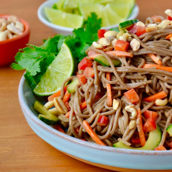 Soba Noodle Salad + Peanut Dressing - Recipe photo by justataste