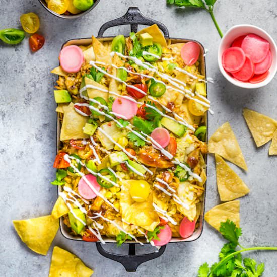 Nachos with Corn and BBQ Chicken - Recipe photo by NerdsWithKnives-Emily