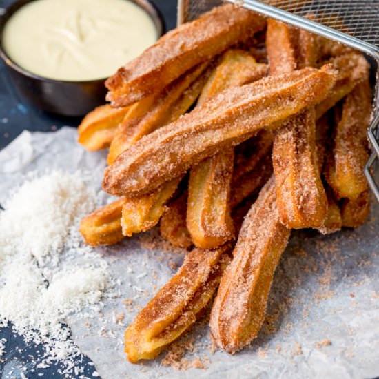 Baked Churros + White Choc/Coconut - Recipe photo by KitchenSanctuary