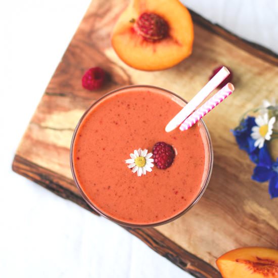 Raspberry Peach Summer Smoothie - Recipe photo by EmilyKyleNutrition