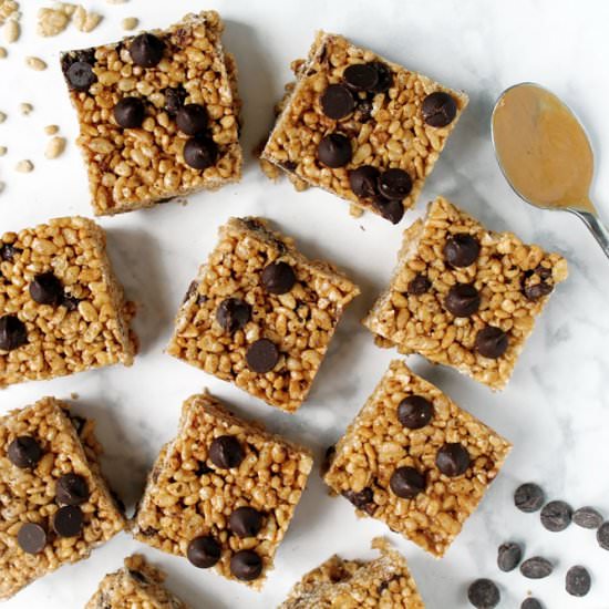 PB Chocolate Chip Rice Crispy Treats - Recipe photo by spinach4breakfast
