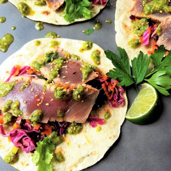 Marinated Ahi Tuna Tacos - Recipe photo by Give it Some Thyme