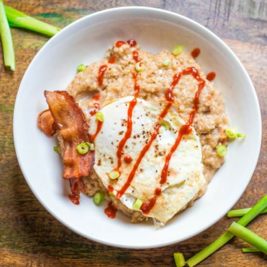 Savory Bacon Sriracha Oatmeal - Recipe photo by Jaxx The Bearded Hiker