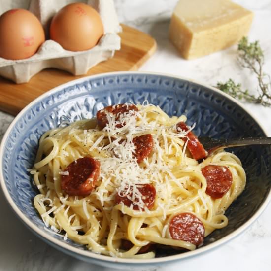 Chorizo and Thyme Carbonara - Recipe photo by wishtodish