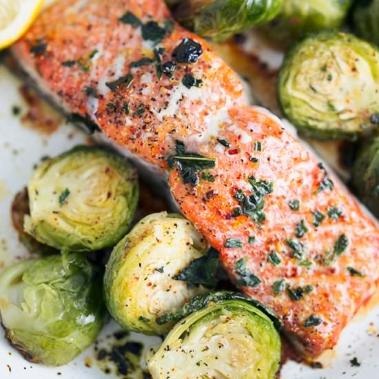 One Pan Salmon and Brussels Sprouts - Recipe photo by Amy in the Kitchen