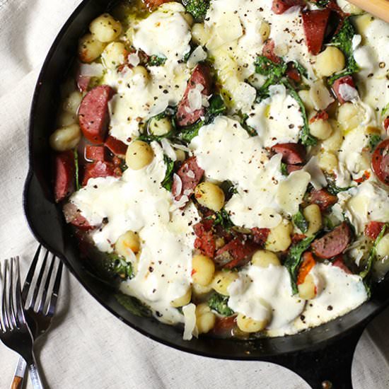 One Skillet Sausage Pesto Gnocchi - Recipe photo by suebeehomemaker