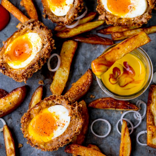 Chorizo Scotch Eggs + Smoky Wedges - Recipe photo by KitchenSanctuary