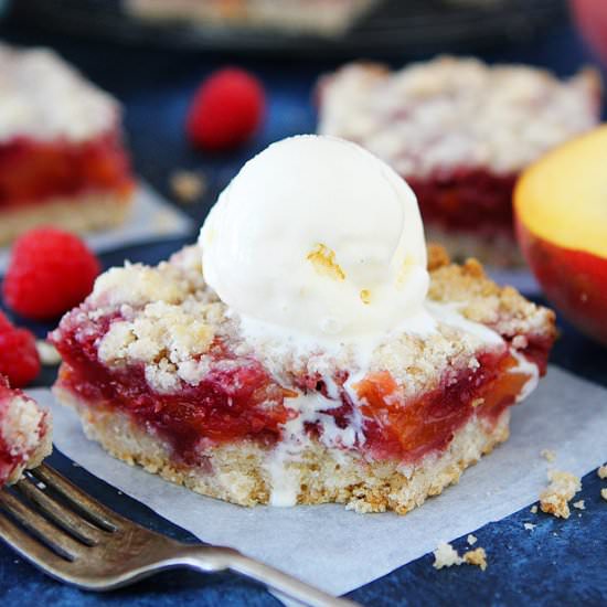 Peach Raspberry Crumb Bars - Recipe photo by twopeasandtheirpod