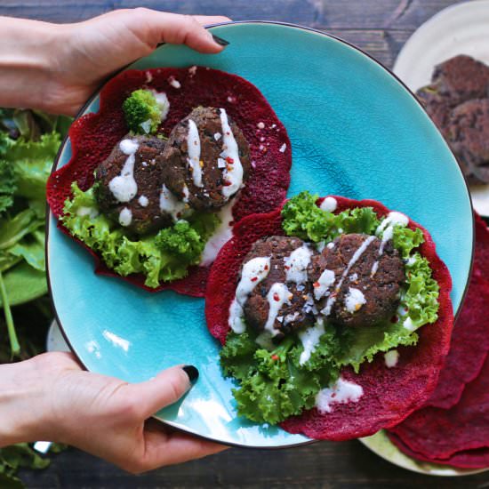 Bean Patties served in Red Beet Wrap - Recipe photo by lisaerik