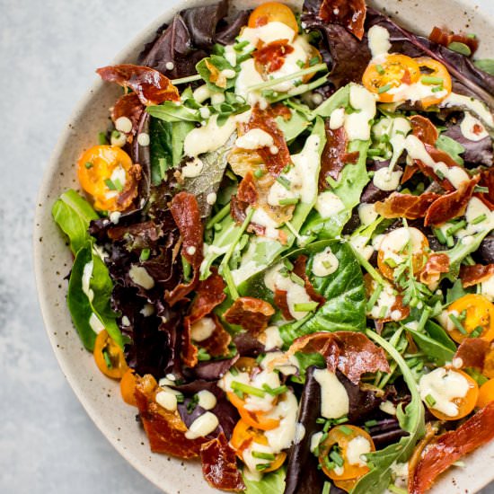 Mixed Greens with Crispy Prosciutto - Recipe photo by saltandlavender