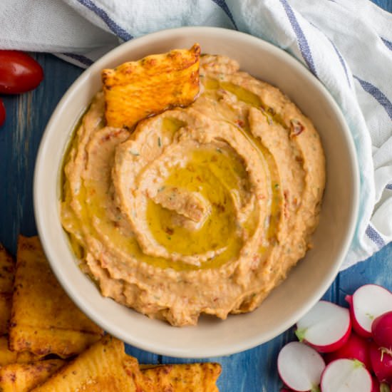 white bean sun-dried tomato dip - Recipe photo by nourishandfete
