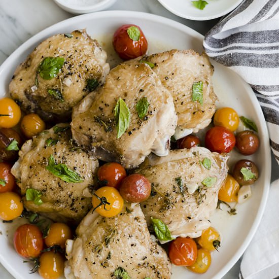 Crispy Chicken with Burst Tomatoes - Recipe photo by Our Salty Kitchen
