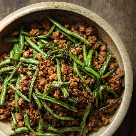 Dry-Fried Beans with Minced Pork - Recipe photo by pupswithchopsticks