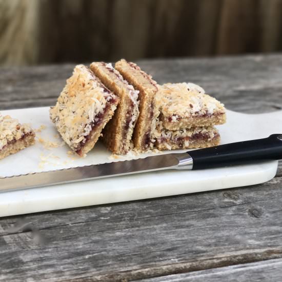 Raspberry Oatmeal Coconut Bars - Recipe photo by simmerandsauce