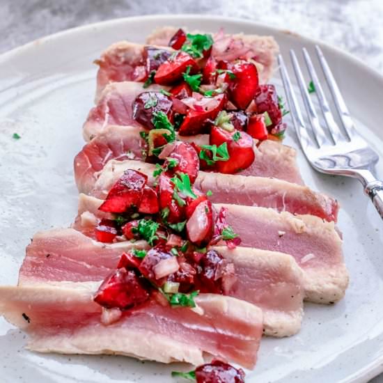 Grilled Ahi Tuna + Cherry Salsa - Recipe photo by killingthyme