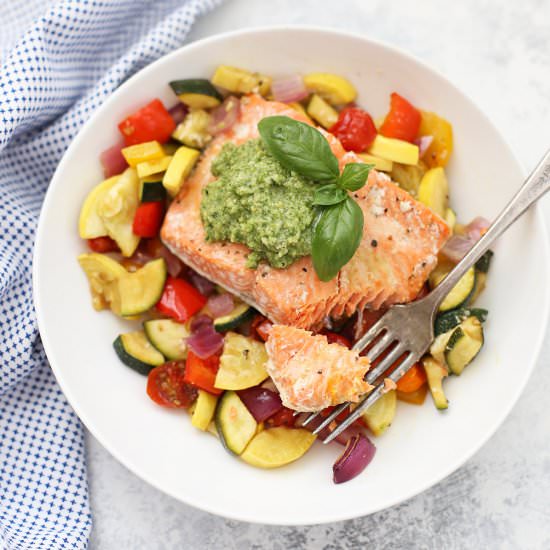 Sheet Pan Pesto Salmon and Veggies - Recipe photo by onelovelylife