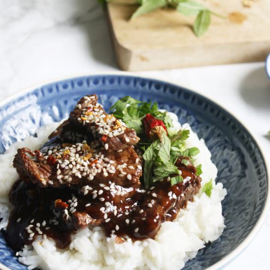 Sticky Sesame and Miso Beef - Recipe photo by wishtodish
