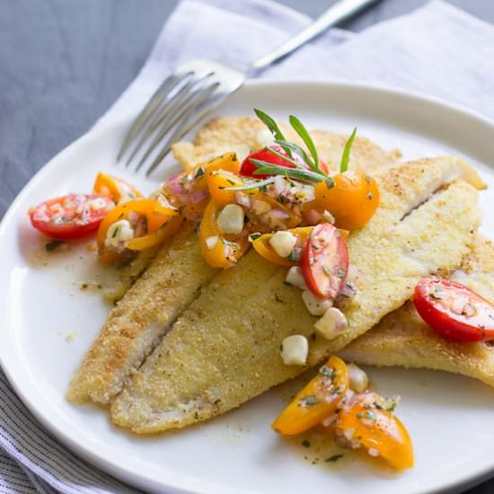 Cornmeal-Crusted Petrale & Tomatoes - Recipe photo by jillshough
