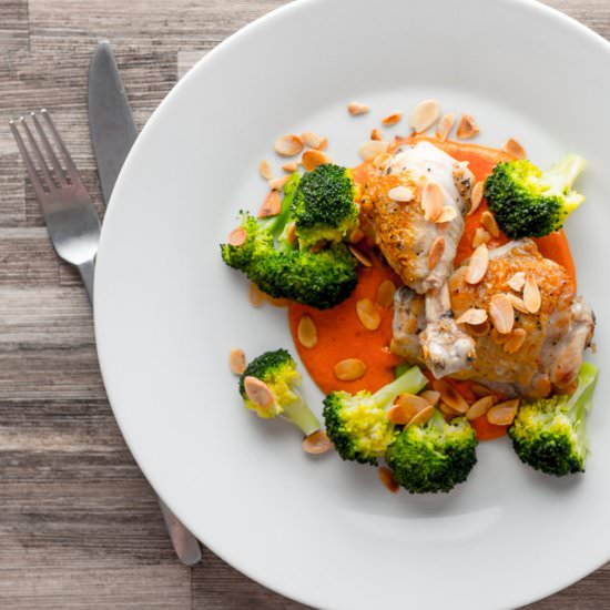 Chicken Legs with Romesco Sauce - Recipe photo by Brian Jones
