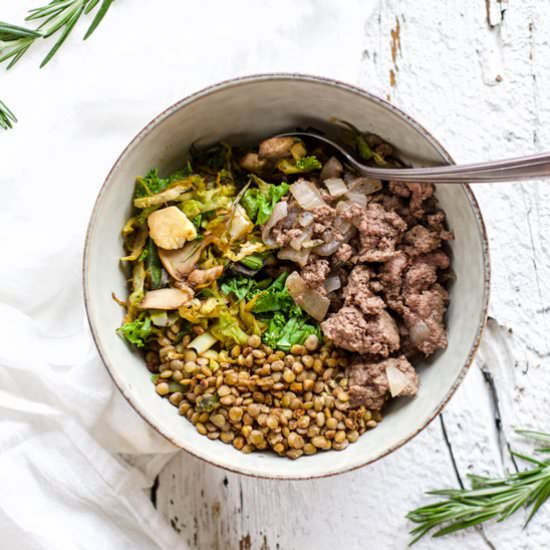 Rosemary Oil Beef and Lentil Bowls - Recipe photo by rootsandradishes