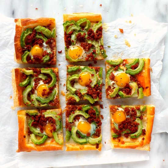 Bitter Melon Chorizo Quail Egg Tart - Recipe photo by davebakes