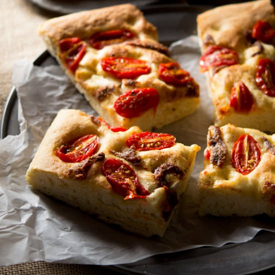 Tomato Focaccia with anchovies - Recipe photo by Inside the rustic kitchen