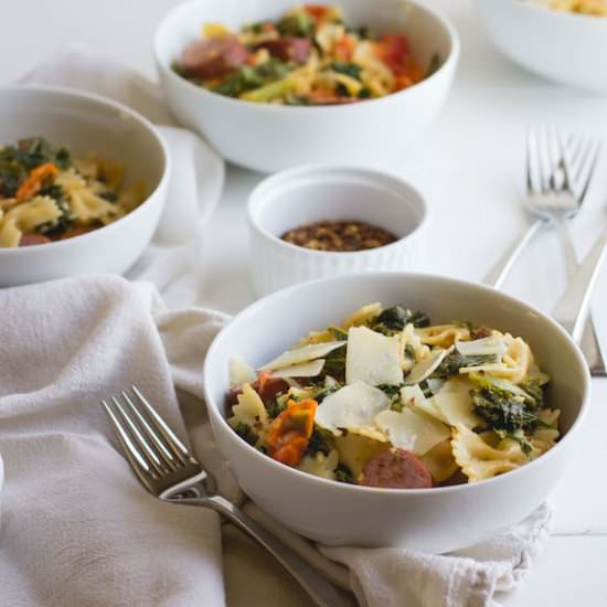 Pasta with Sausage, Tomato, & Kale - Recipe photo by larkandlinen