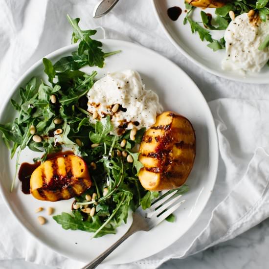 Grilled Peach and Burrata Salad - Recipe photo by Downshiftology