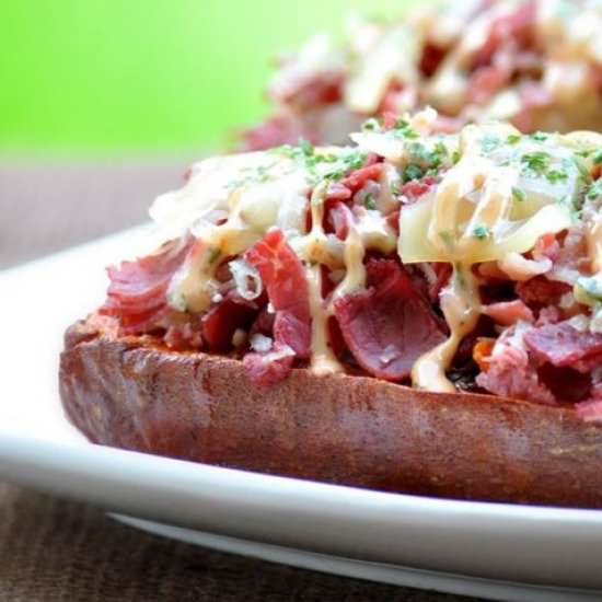 Reuben Stuffed Sweet Potatoes - Recipe photo by Peace Love and Low Carb