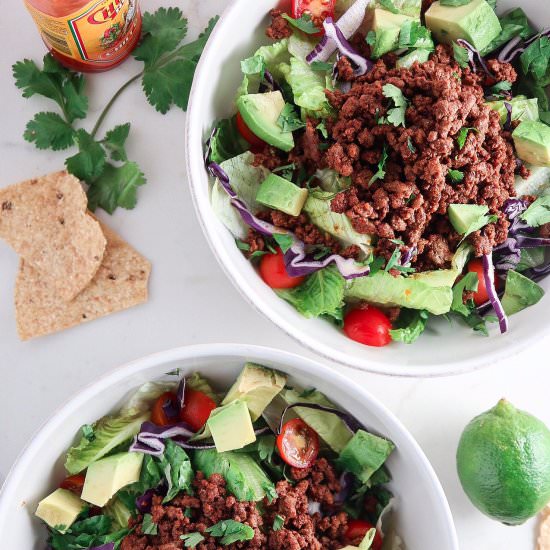 Beef Taco Bowl Cholula Lime Dressing - Recipe photo by tippsinthekitch