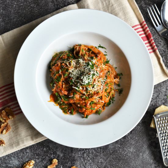 Spelt Spaghetti and Red Pesto - Recipe photo by Hannah Bond