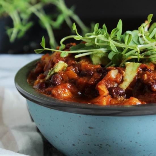 Crock Pot Vegan Sweet Potato Chili - Recipe photo by Naughty Nutrition