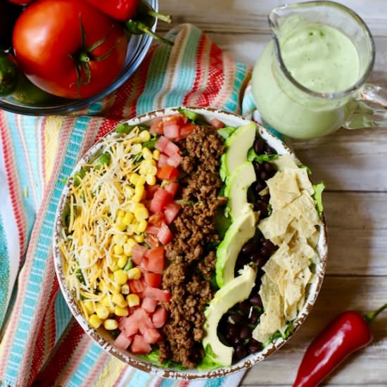 Beef Taco Salad & Avocado Dressing - Recipe photo by Grits and Pinecones