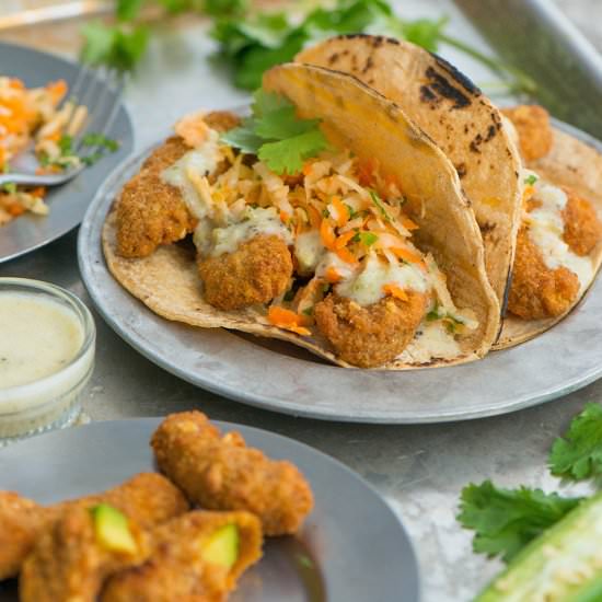 Avocado Tacos w/ Carrot Jicama slaw - Recipe photo by NibblesNFeasts