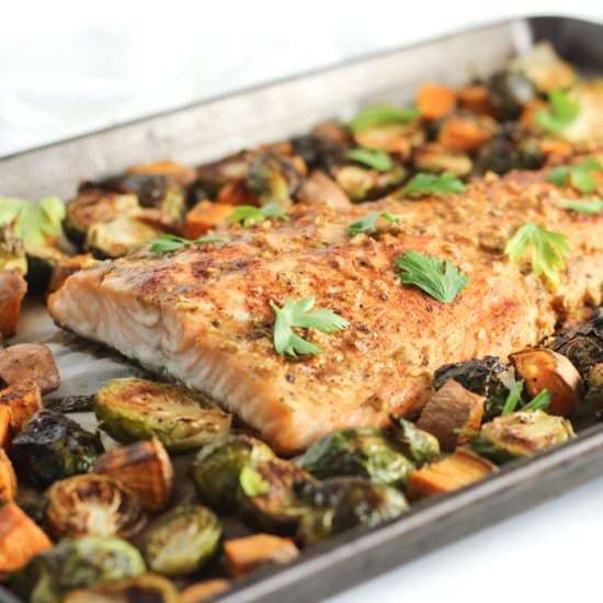 Sheet Pan Maple Dijon Salmon Dinner - Recipe photo by Lively Table