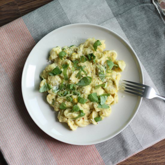 Creamy Corn Pasta with Basil - Recipe photo by adashofzest