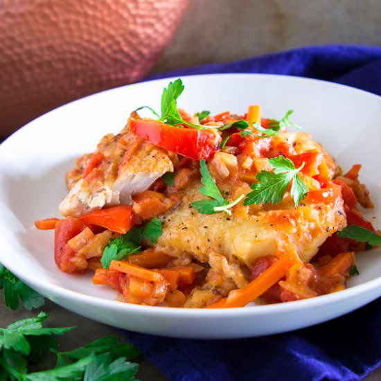 Cod with Sautéed Vegetables - Recipe photo by simplyhomecooked