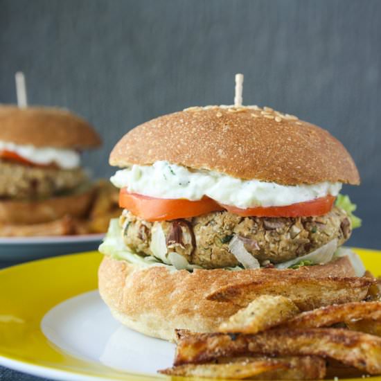Sweet Potato Burgers with Tzatziki - Recipe photo by The Desserted Girl