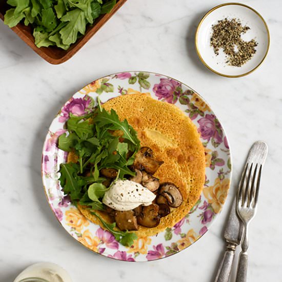 socca with mushrooms and arugula - Recipe photo by thenewbaguette