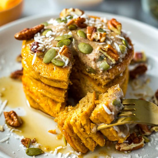 Freezer Pumpkin Protein Pancakes - Recipe photo by thegirlonbloor