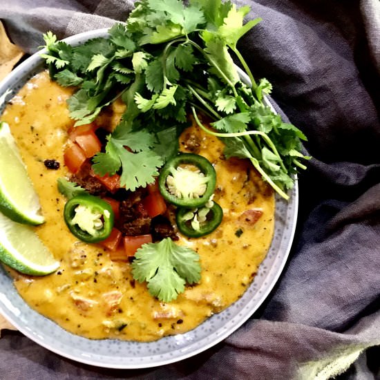 Queso Fundido with Chorizo - Recipe photo by AHintofWine