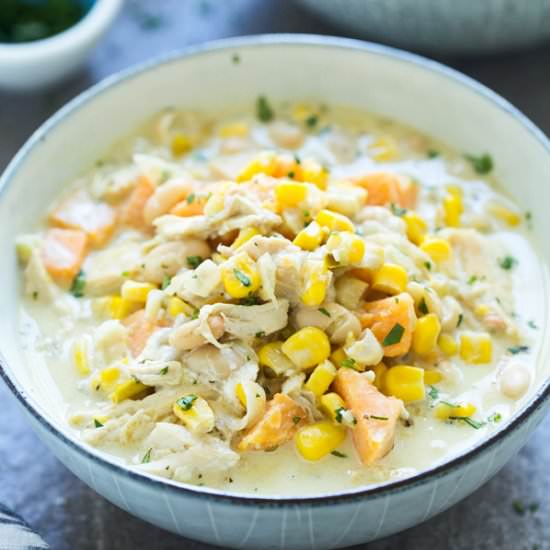 Corn & Sweet Potato Chicken Chili - Recipe photo by cookingforkeeps