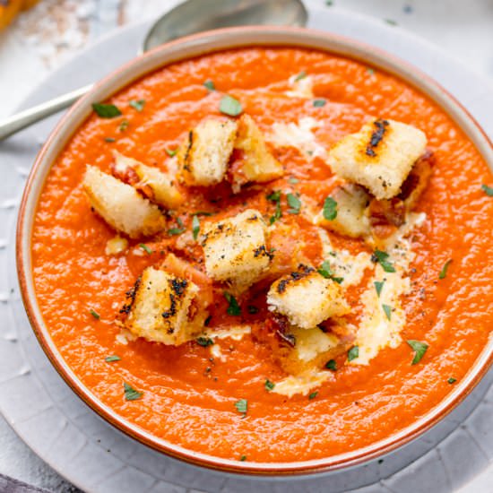 Tomato soup with Gruyere bacon - Recipe photo by KitchenSanctuary