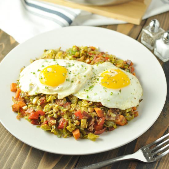 Brussels Sprout & Sweet Potato Hash - Recipe photo by Peace Love and Low Carb