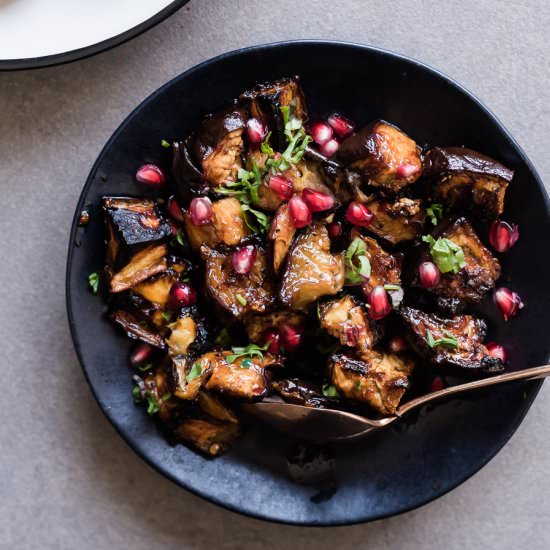 Pomegranate Molasses Harissa Roasted Eggplant - Recipe photo by gatheratable